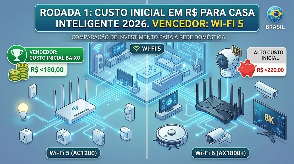 Rodada 1: Custo Inicial em R$ para Casa Inteligente 2026. Vencedor: Wi-Fi 5