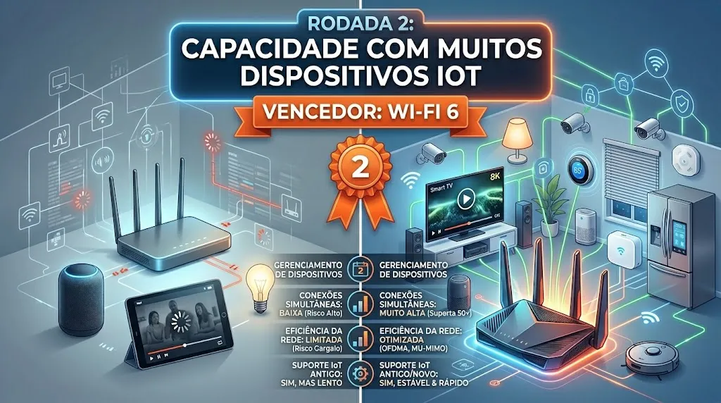 Rodada 2: Capacidade com Muitos Dispositivos IoT. Vencedor: Wi-Fi 6