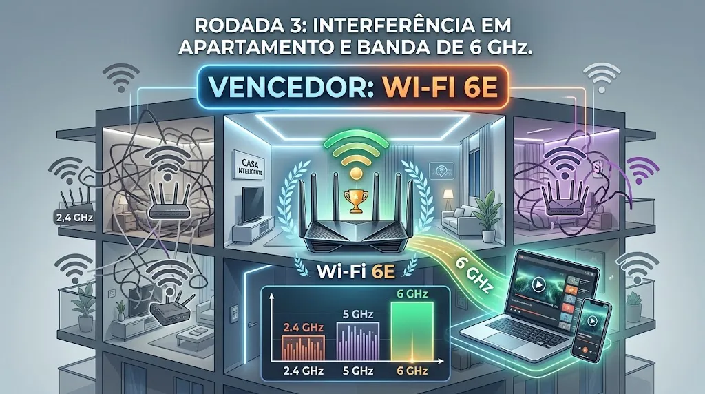 Rodada 3: Interferência em Apartamento e Banda de 6 GHz. Vencedor: Wi-Fi 6E