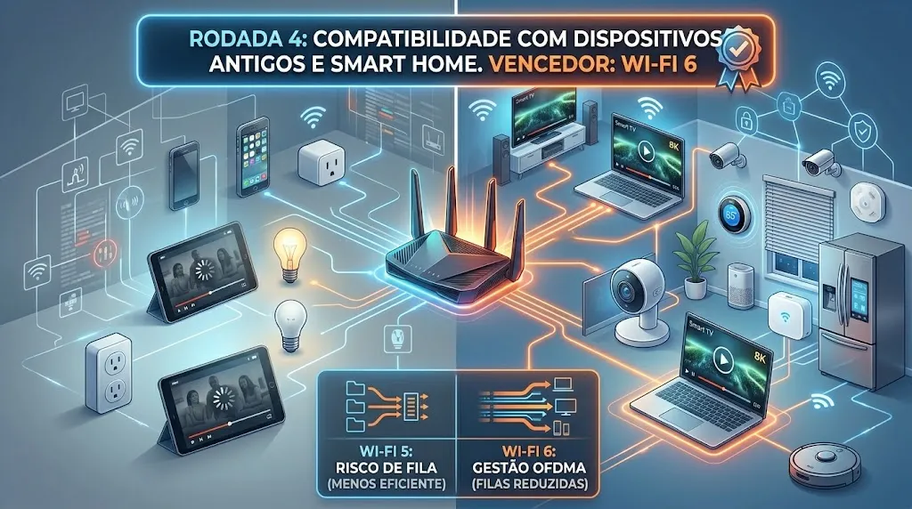 Rodada 4: Compatibilidade com Dispositivos Antigos e Smart Home. Vencedor: Wi-Fi 6