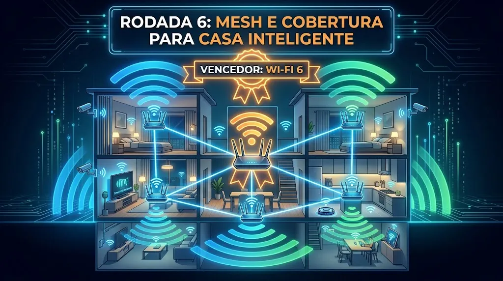 Rodada 6: Mesh e Cobertura para Casa Inteligente. Vencedor: Wi-Fi 6