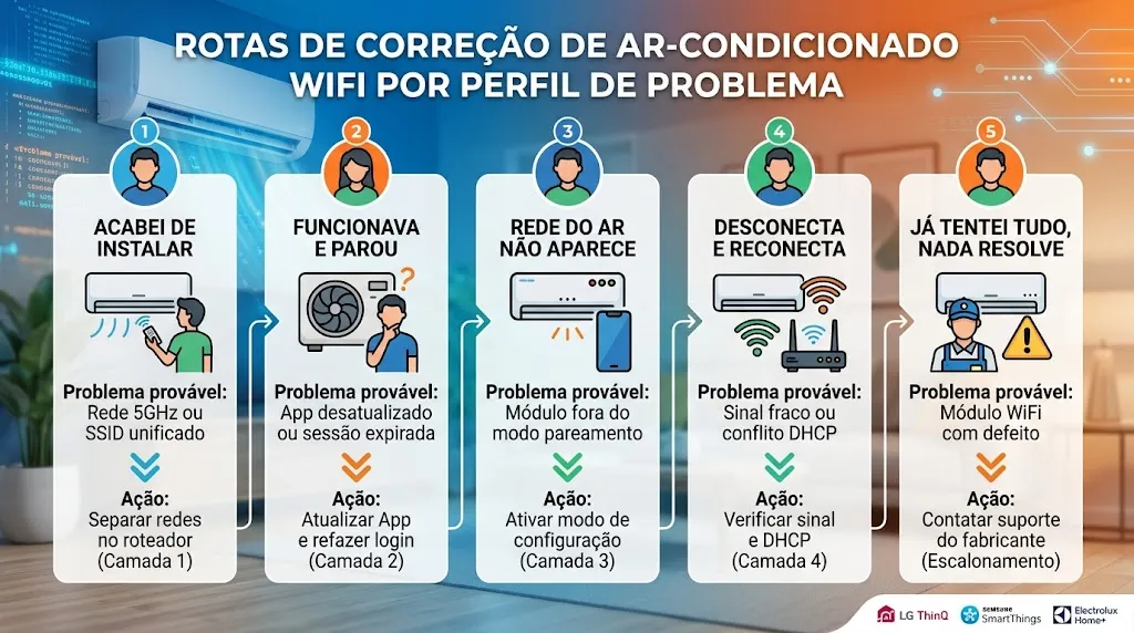 Rotas de Correção de Ar-Condicionado WiFi por Perfil de Problema