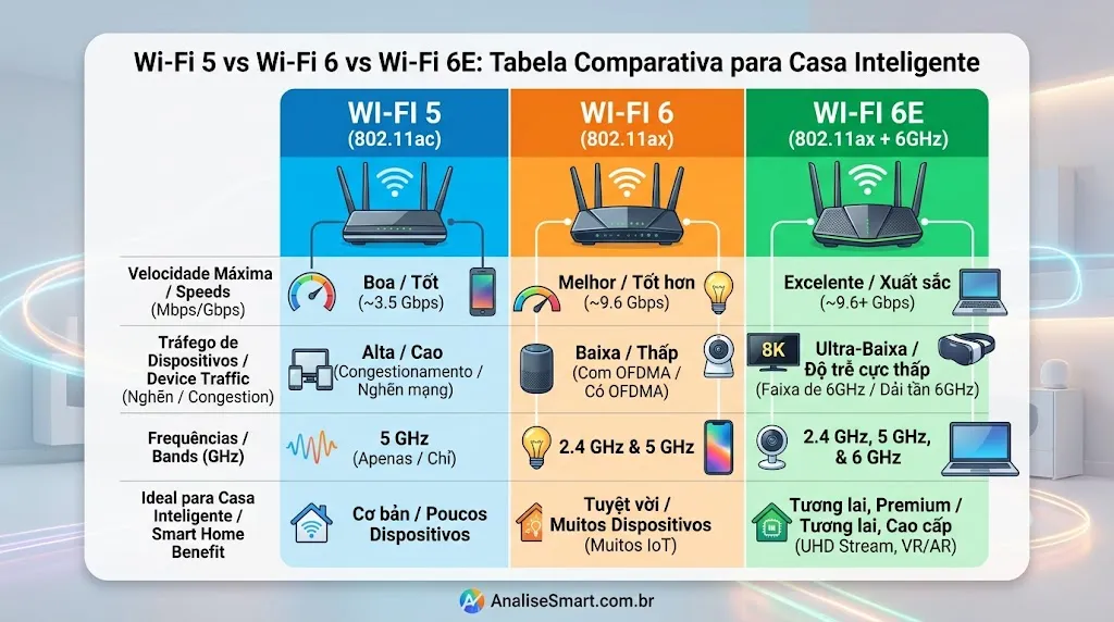 Wi-Fi 5 vs Wi-Fi 6 vs Wi-Fi 6E: Tabela Comparativa para Casa Inteligente