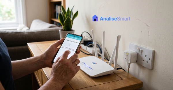 Configuração de tomada inteligente com smartphone e roteador Wi-Fi em casa
