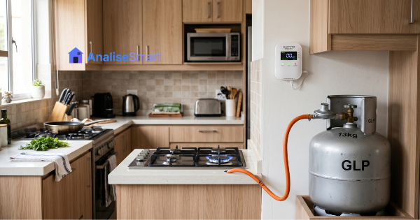 detector de gás inteligente em cozinha com botijão GLP