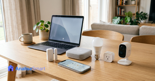 Dispositivos inteligentes comuns em casa: lâmpada, tomada, sensor, câmera, TV box e celular