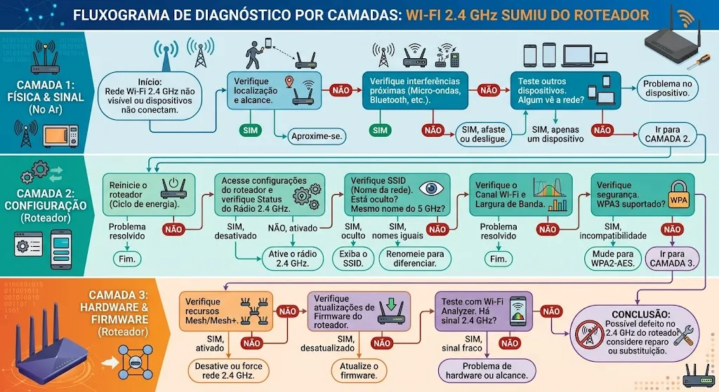 luxograma de diagnostico por camadas para rede Wi-Fi 2.4 GHz sumida