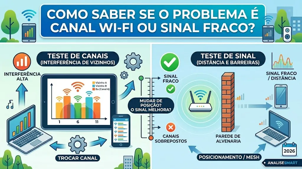 Como saber se o problema é canal Wi-Fi ou sinal fraco?