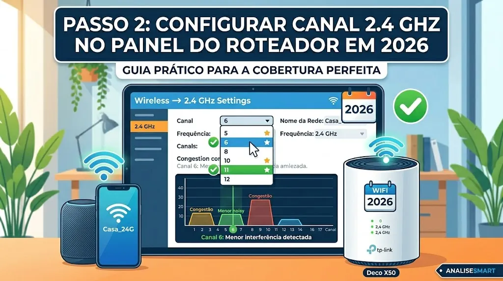 Passo 2: Configurar canal 2.4 GHz no painel do roteador em 2026