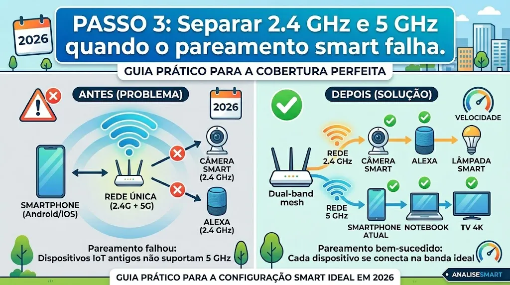Passo 3: Separar 2.4 GHz e 5 GHz quando o pareamento smart falha